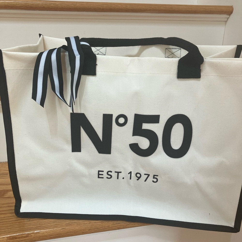 White and Black Graphic Tote Bag with Ribbon Accent